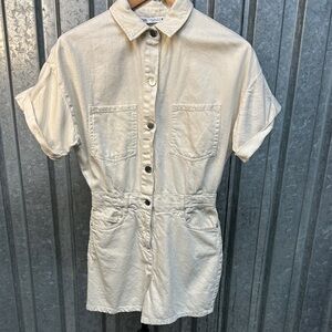 Zara Cream Short Sleeve Button-Up Denim Romper